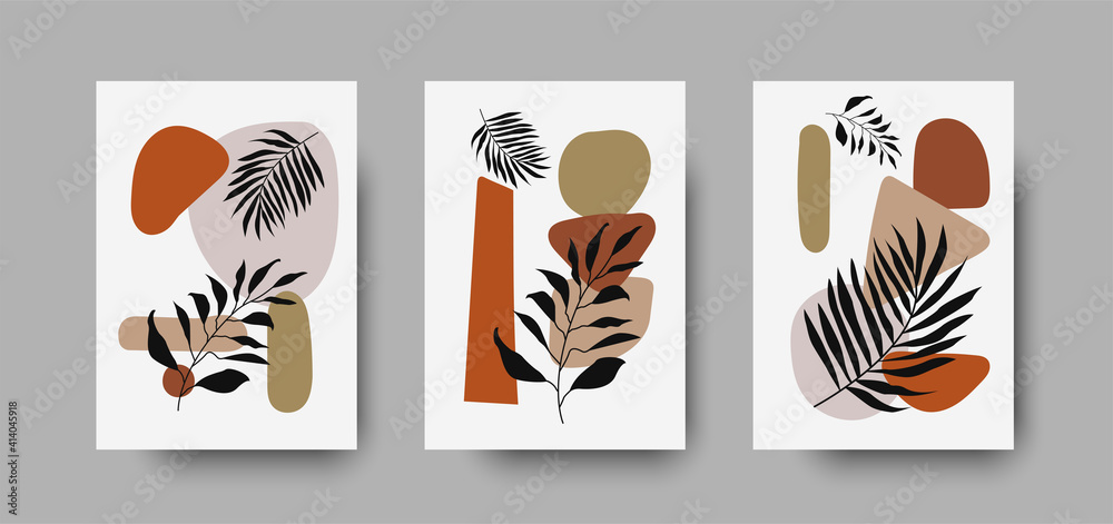 Botanical wall art abstract vector. Foliage line drawing. Neutral boho art print set. Minimal mid century wall art print for bedroom decor. Gallery decor poster, terracota colors for bohemian interior