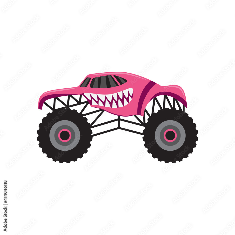 Pink cartoon monster truck with scary animal teeth design