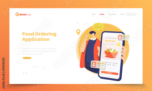 Food ordering app illustration on landing page concept