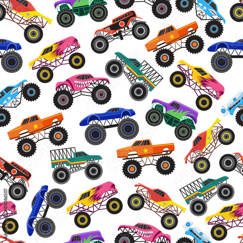 Color seamless pattern with monster trucks, flat cartoon vector illustration.