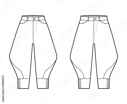 Set of Riding breeches shorts pants technical fashion illustration with knee length, low waist, rise, curved pocket, buttoned. Flat bottom template front, white color style. Women men CAD mockup