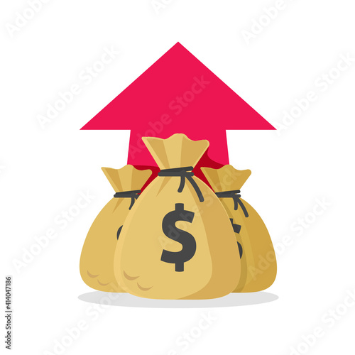 Money profit rising up concept vector or cash business income revenue idea flat cartoon illustration, earnings progress with arrow up, inflation or investment success result benefit modern design