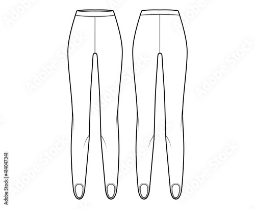 Stirrup Pants knit technical fashion illustration with normal waist, high rise, full length. Flat sport training, casual trousers apparel template front, back, white color. Women men unisex CAD mockup