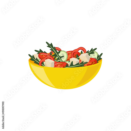 Salad in bowl from tomatoes cherry, cucumbers, cheese and herbs.