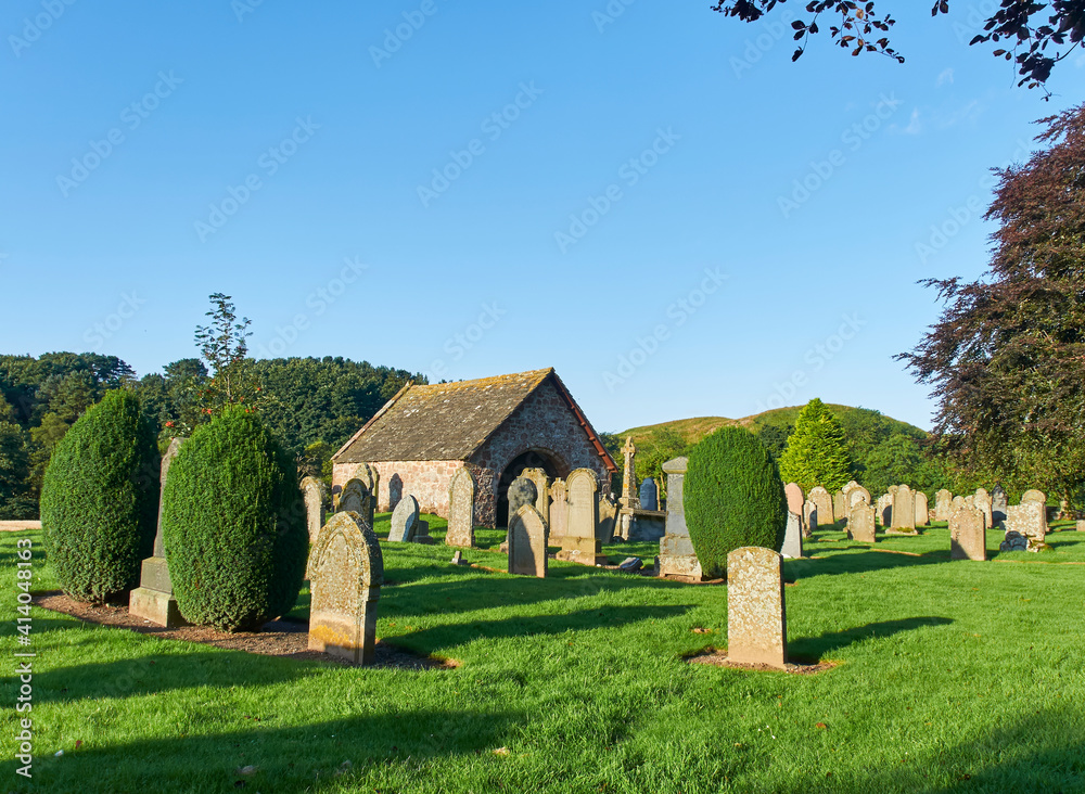 Rows of Old Gravestones and the Lindsay Burial Aisle at Edzell Old Kirkyard Cemetery, near Edzell in Angus, Scotland.