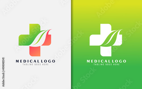 Medical Logo Design. Abstract Medical Cross Symbol Combine with Green Leaf Shape. Vector Logo Illustration.