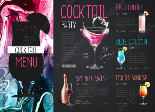 Cocktail menu design with alcohol ink texture. Marble texture background.