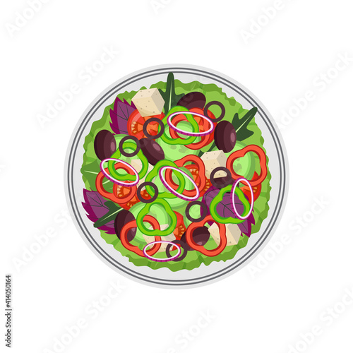 Bowl of greek salad with olives and cheese flat vector illustration isolated.