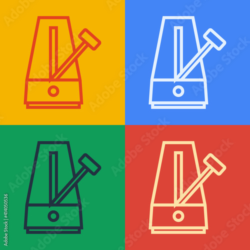 Pop art line Classic Metronome with pendulum in motion icon isolated on color background. Equipment of music and beat mechanism. Vector.