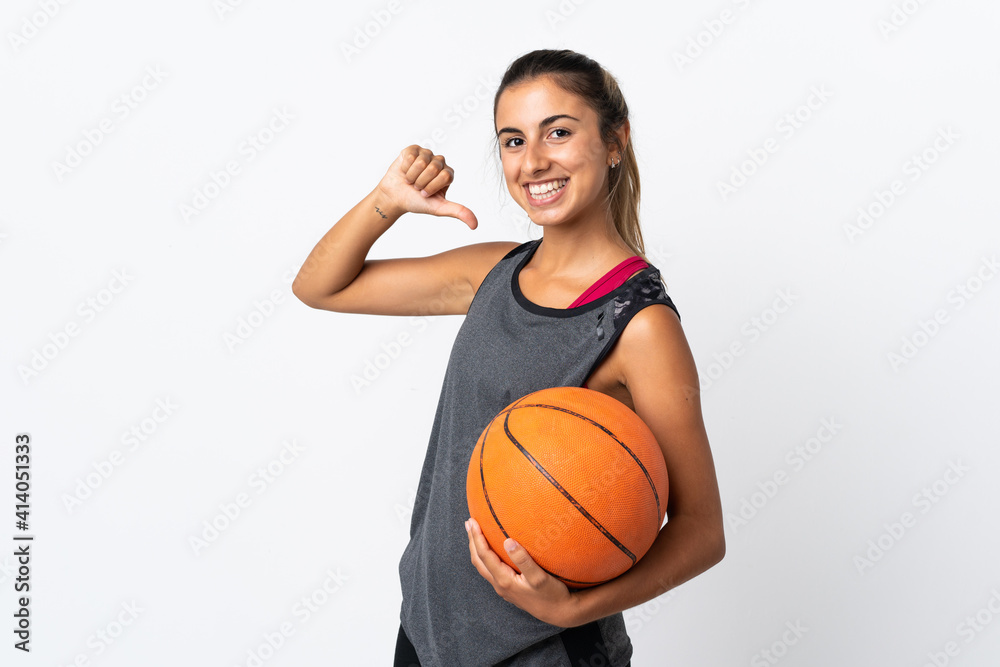 Young hispanic woman playing basketball over isolated white background proud and self-satisfied Young hispanic woman playing basketball over isolated white background proud and self-satisfied