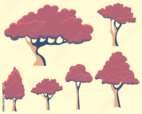 Spring trees vector nature illustration collection with pink blossom sakura, trunks,  crown. Set of autumn stylized flat trees silhouette. Vector EPS10