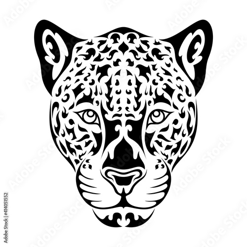 Hand drawn abstract portrait of leopard or jaguar. Vector stylized illustration for tattoo, logo, wall decor, T-shirt print design or outwear. This drawing would be nice to make on fabric or canvas.