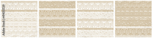 Set of four winter vector White and Beige horizontal Seamless border repeat patterns with random rough, twisted part of triangles or broken lines, part of circles shapes. Hand drawn effect.
