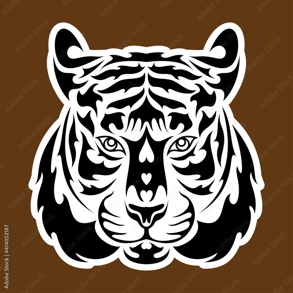 Fototapeta premium Hand drawn abstract portrait of a tiger. Sticker. Vector stylized illustration isolated on brown background.