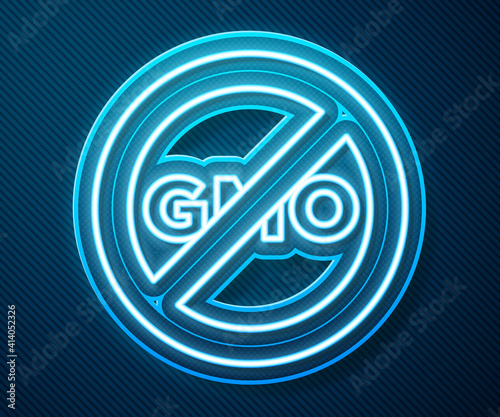 Glowing neon line No GMO icon isolated on blue background. Genetically modified organism acronym. Dna food modification. Vector.