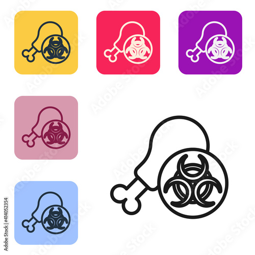 Black line Gmo research chicken icon isolated on white background. Syringe being injected to chicken. Set icons in color square buttons. Vector.
