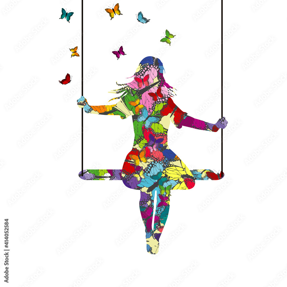 Abstract colorful  young woman silhouette who is swinging and butterflies fly around her