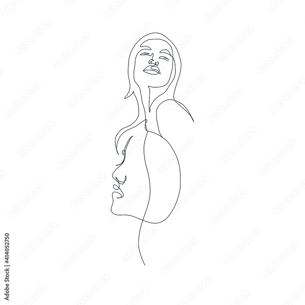 One line woman. Hand drawn portrait girl in minimalistic style. Beauty logo. Simple design. Continuous line drawing. 