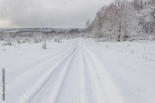 Winter landscape with snow road and snow-covered trees. Winter nature background. © Elen Ga