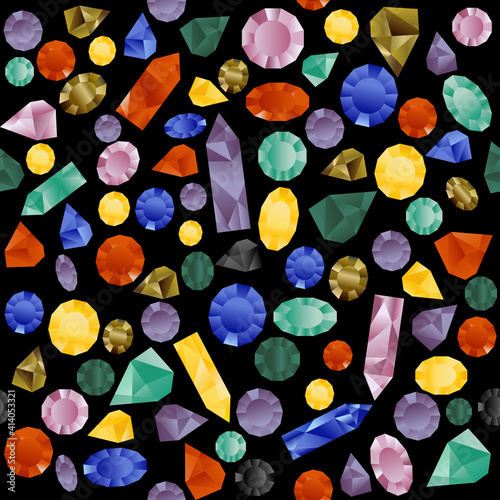Colorful seamless pattern with gemstones on black background