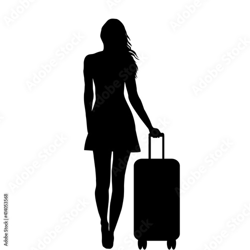 Full length of young female  silhouette with  travel bag, isolated on white background