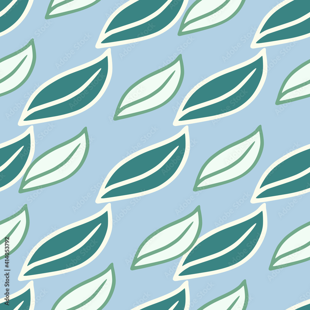 Botanic seamless pattern in hand drawn style with simple white outline leaf ornament. Blue background. Botanic seamless pattern in hand drawn style with simple white outline leaf ornament. Blue background.