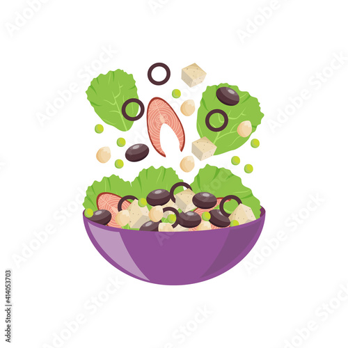Healthy salad of lettuce leaves and fish cartoon vector illustration isolated.