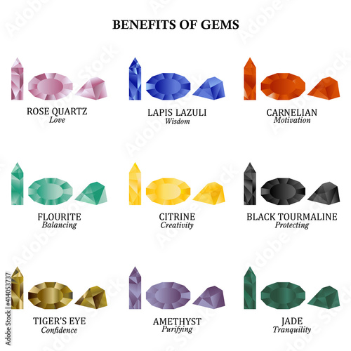 Set of nine magic and precious gemstones with its benefits