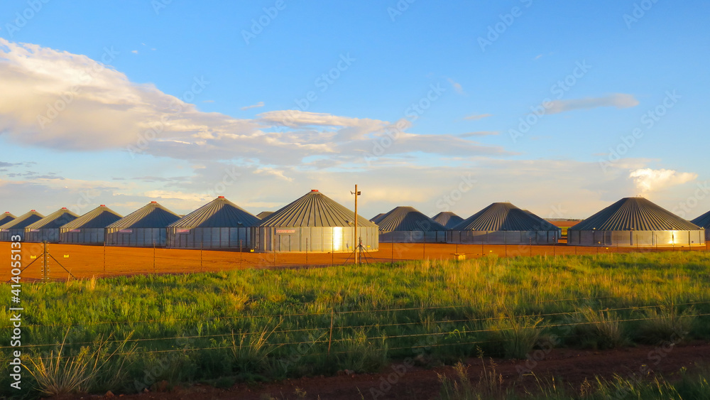 Sunset over grain silos near Carletonville, North West, South Africa.