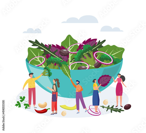 Tiny people next to bowl with vegetable salad flat vector illustration isolated.