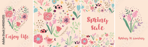 Spring floral banner set. Hand drawn pink flowers. Spring sale template, tulips, insect. #414056113