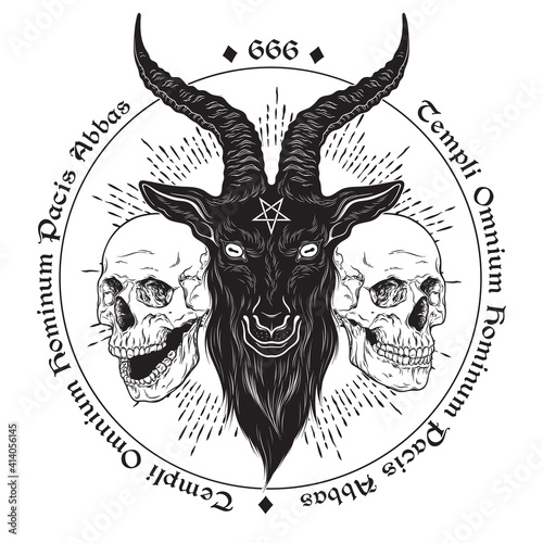 Baphomet demon goat head hand drawn print or blackwork flash tattoo art design vector illustration. Latin inscription translation - father of the temple of peace of all men. photo