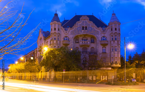 Twilight image with Szeged streets with impressive architecture, Hungary