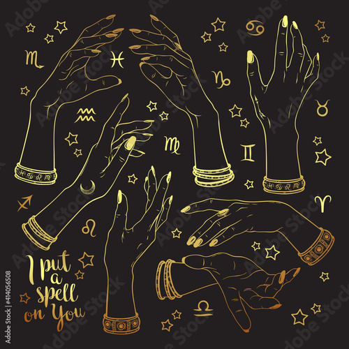 Hand drawn set of gold female witches hands in different poses. Flash tattoo, sticker, patch or print design vector illustration.