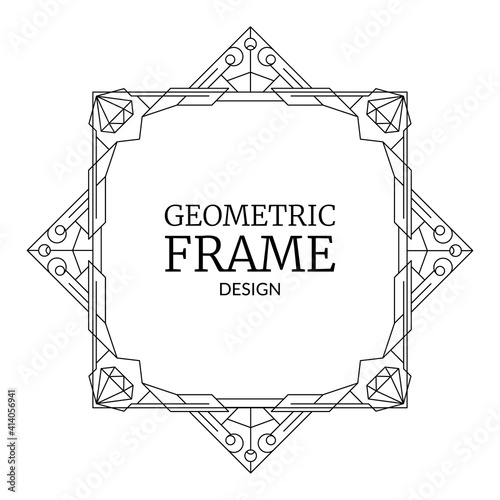 Vector illustration abstract modern geometric frame design with diamonds for wedding invitation. Retro line Art Deco geometry pattern, trendy border with gem stones. Vintage greeting card template.