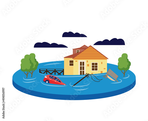 Flood concept. Cartoon house drowning in water from natural disaster