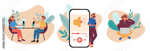 Set of people listen to podcast or music.