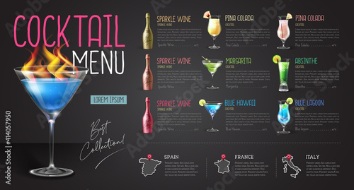 Cocktail menu design with realistic cocktail glasses and bottles. Chalk background
