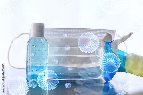 protection against coronavirus mask antiseptic glasses, concept medical disinfection antiseptic gel, face mask