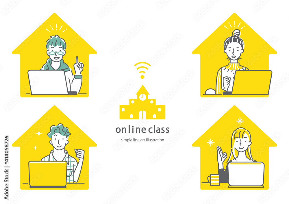 自宅で快適にオンライン授業を受ける大学生のシンプルでおしゃれな線画イラスト Stock Illustration Adobe Stock