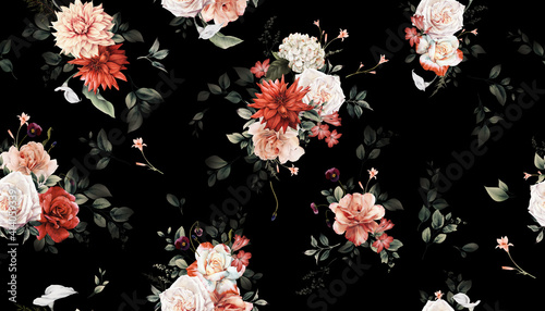 Seamless floral pattern with flowers on summer background, watercolor illustr...