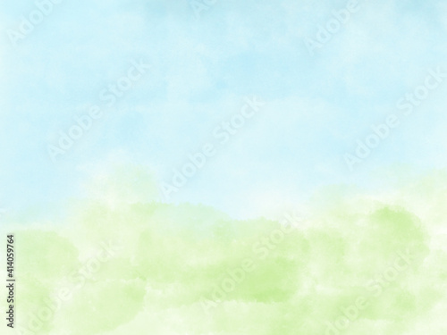 優しい新緑のイメージの壁紙 パステルカラーの背景 若葉色 水色 ふわふわ 水彩画 Stock Illustration Adobe Stock