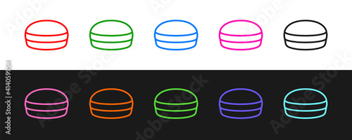 Set line Macaron cookie icon isolated on black and white background. Macaroon sweet bakery. Vector.