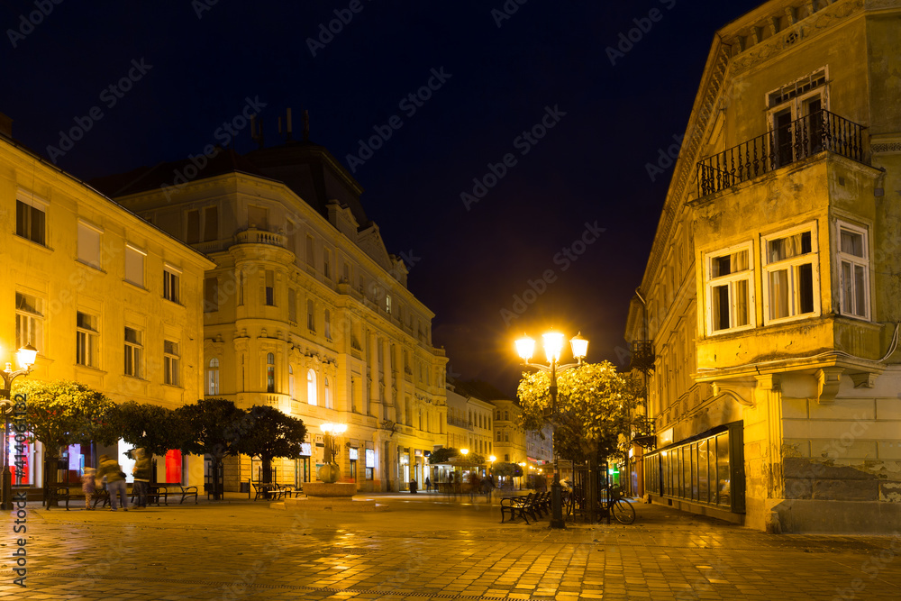 View on night streets of Gyor is colorful landmark of Hungary outdoors.