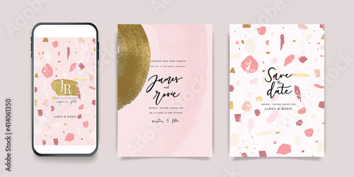 Luxury Pink Social Media, mobile  Wedding invite frame templates. Vector background. Invitation mobile Floral with golden collage layout design.