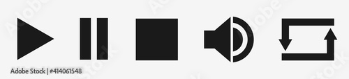 Media player black icons set. Player video, music, inferface  symbols. Isolated multimedia control signs on white background. Play, stop, loop, sound buttons. Flat UI design vector.