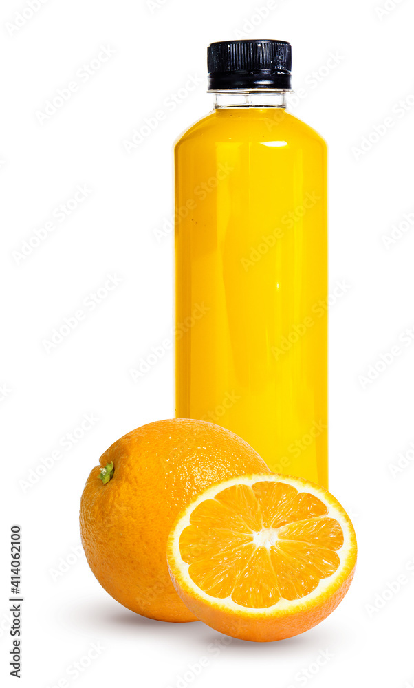 Fresh orange juice in glass or bottle with fruits, isolated on white Fresh orange juice in glass or bottle with fruits, isolated on white