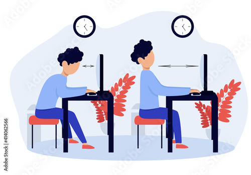 Ergonomic. Wrong and Correct sitting Posture. Healthy Back and Posture Correction. Office Desk Posture. Curvature of Spine with Wrong Sitting. Good Position when working at Computer.