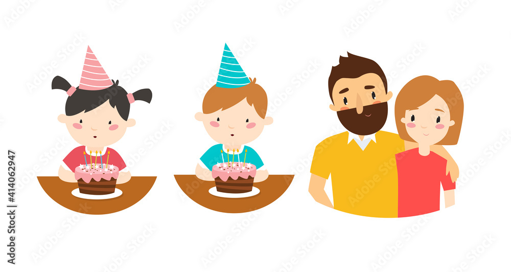 Family celebrate a birthday. A girl blows out candles, a boy blows out candles on a cake. Parents are hugging. A fun family holiday. Family celebrate a birthday. A girl blows out candles, a boy blows out candles on a cake. Parents are hugging. A fun family holiday.