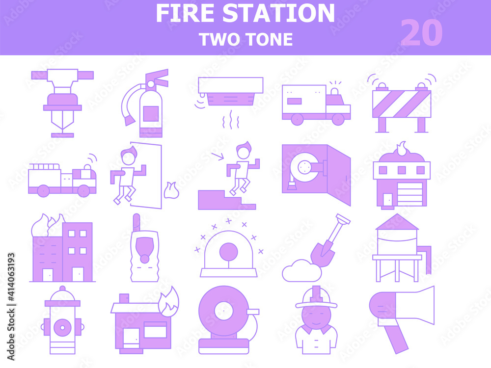Purple And White Color Set of Fire Station Icon In Flat Style. Purple And White Color Set of Fire Station Icon In Flat Style.